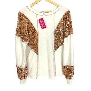 Boutique Gold Sequin-Embellished Long-Sleeve Top XL 7th Roy Cocktail Party